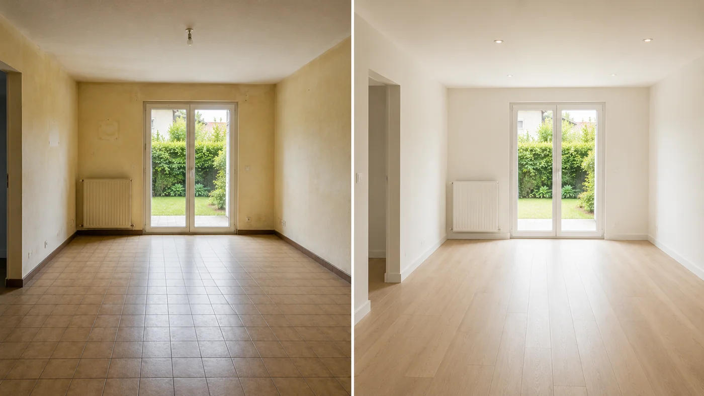 Séjour rénové par CASA RENOV 45 — avant peinture sombre et après transformation en blanc lumineux
